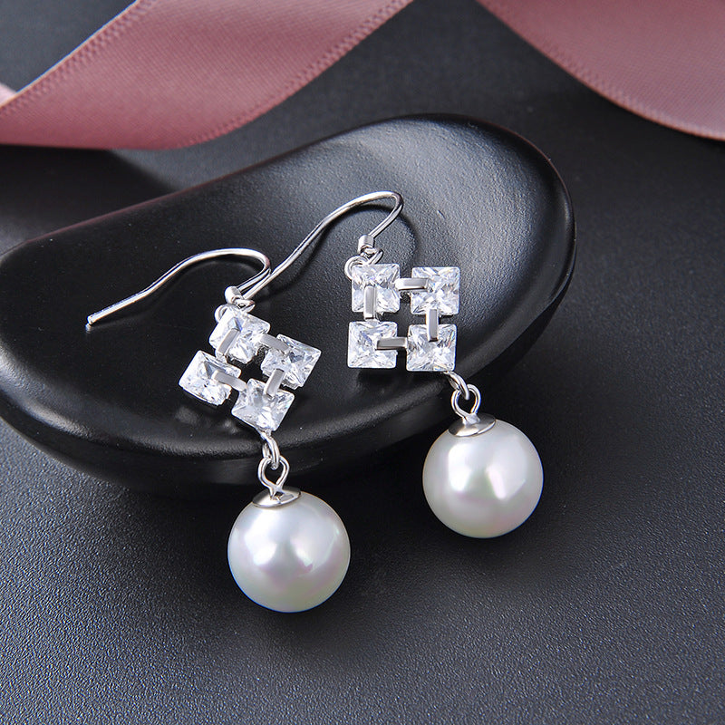 S925 Sterling Silver Pearl Drop Earrings - Korean Style Geometric Circle Dangle Earrings for Women