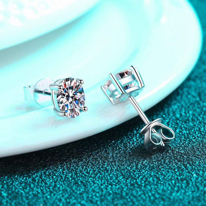S925 Sterling Silver "Pigeon Egg" Moissanite Stud Earrings Plated with Pt950 Gold - Petite Oval Elegance
