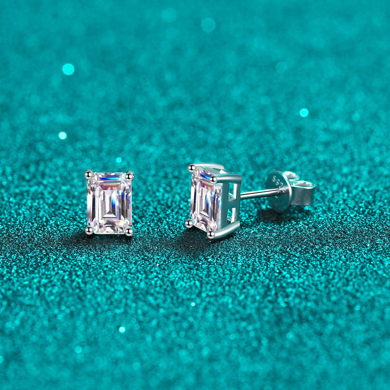 S925 Sterling Silver Plated Pt950 Gold Bezel-Set Step Cut Moissanite Stud Earrings - Elegant Geometric Earrings for Women