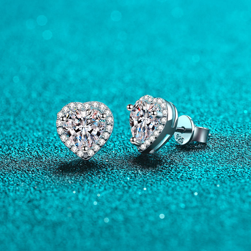 S925 Sterling Silver Plated Pt950 Platinum Heart Moissanite Stud Earrings - 0.5ct/1ct/2ct Delicate Jewelry
