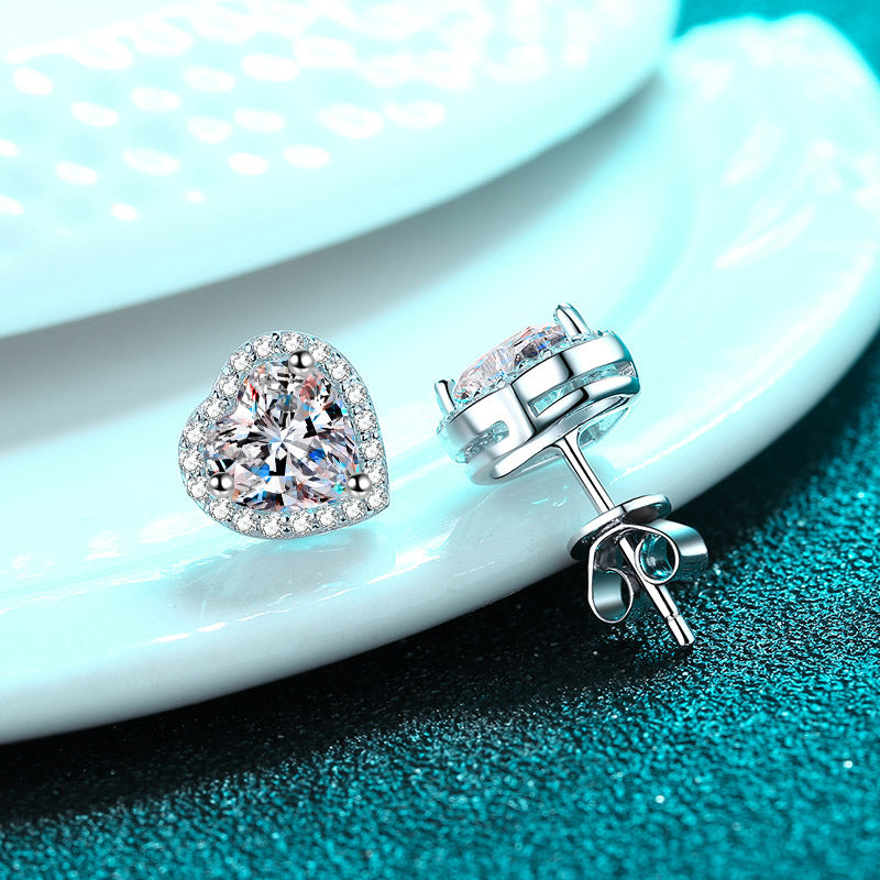 S925 Sterling Silver Plated Pt950 Platinum Heart Moissanite Stud Earrings - 0.5ct/1ct/2ct Delicate Jewelry