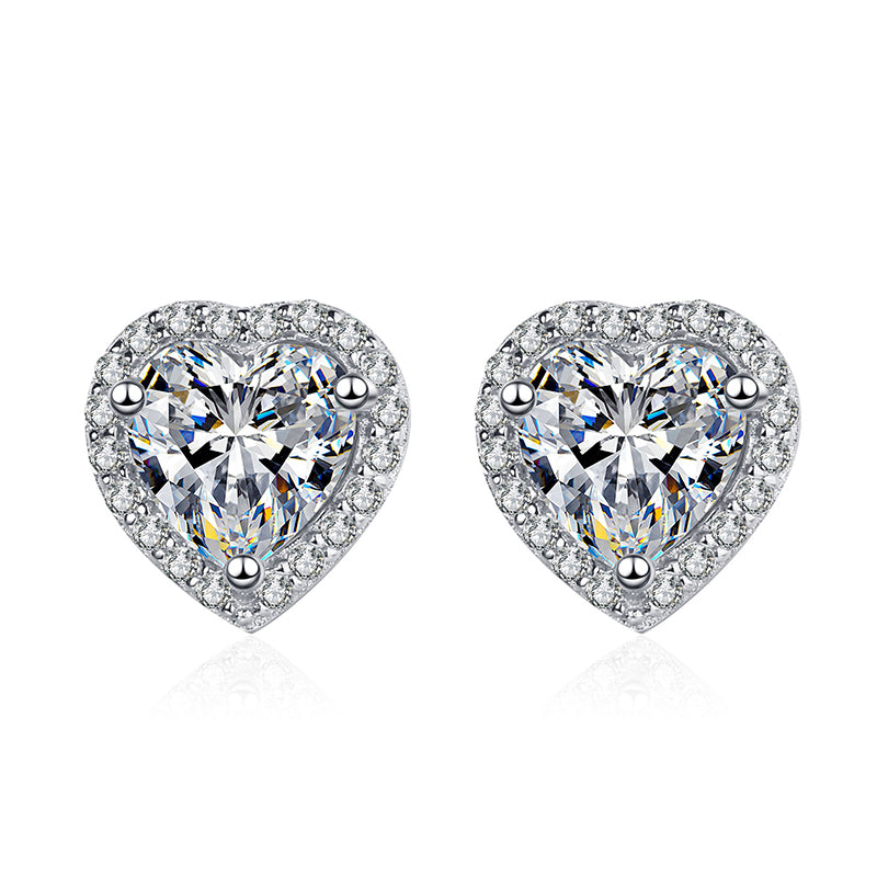 S925 Sterling Silver Plated Pt950 Platinum Heart Moissanite Stud Earrings - 0.5ct/1ct/2ct Delicate Jewelry