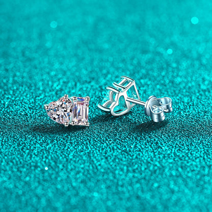S925 Sterling Silver Princess-Style Moissanite Stud Earrings Plated with Pt950 Gold - Square & Heart Cut Geometric Earrings