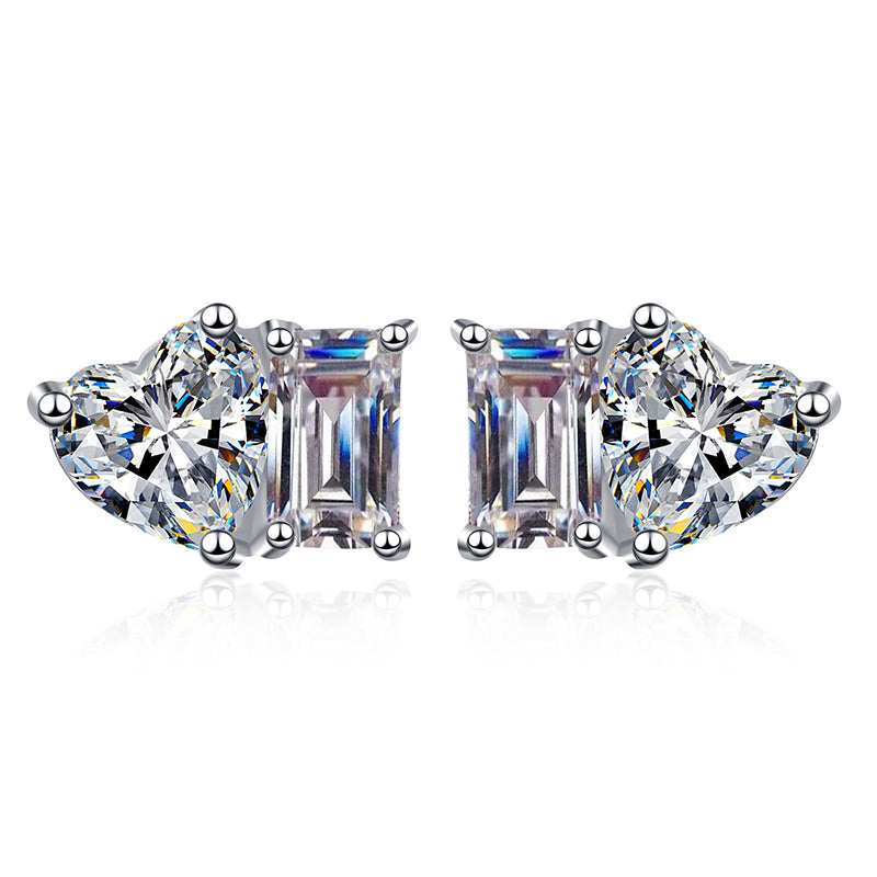 S925 Sterling Silver Princess-Style Moissanite Stud Earrings Plated with Pt950 Gold - Square & Heart Cut Geometric Earrings