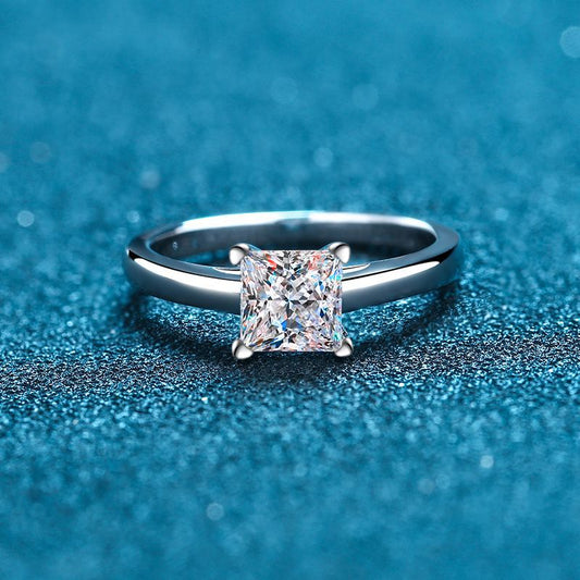 S925 Sterling Silver Princess Cut Moissanite Ring | 1-2ct Four-Prong Floral Design