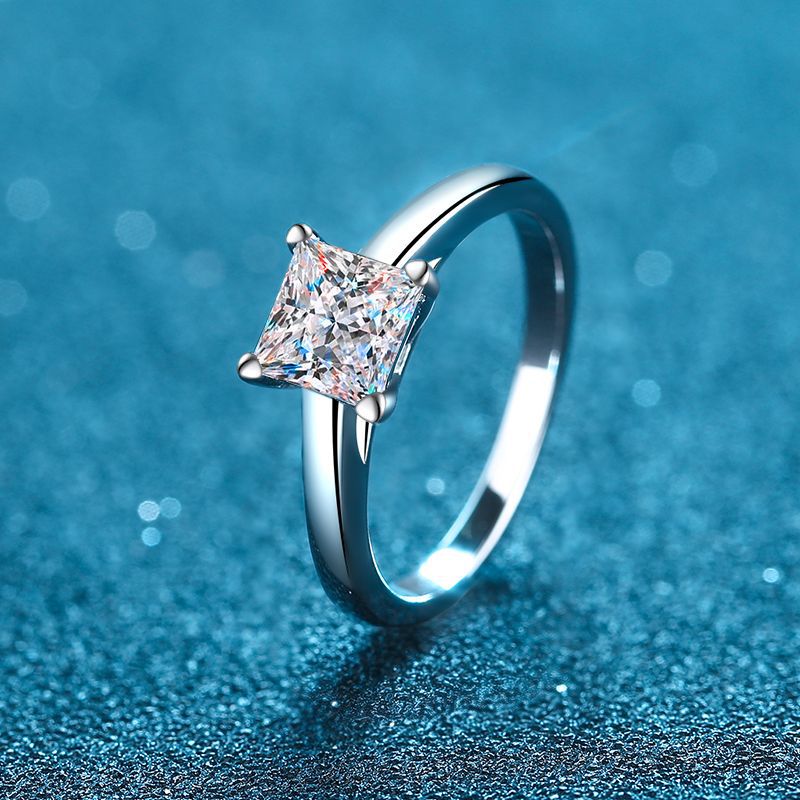 S925 Sterling Silver Princess Cut Moissanite Ring | 1-2ct Four-Prong Floral Design