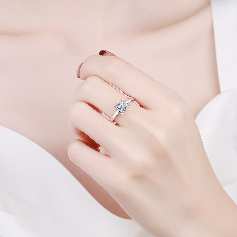 S925 Sterling Silver Princess Cut Moissanite Ring | 1-2ct Four-Prong Floral Design
