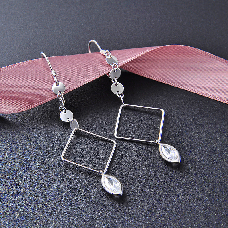 S925 Sterling Silver Quadrilateral Drop Earrings - Korean Style Cubic Zirconia Geometric Dangle Earrings for Women