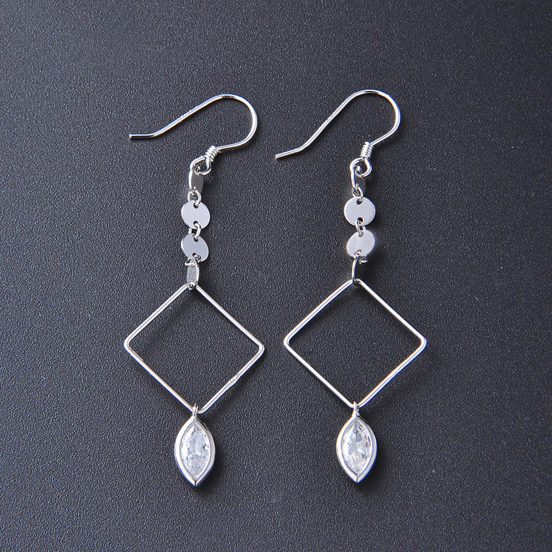 S925 Sterling Silver Quadrilateral Drop Earrings - Korean Style Cubic Zirconia Geometric Dangle Earrings for Women