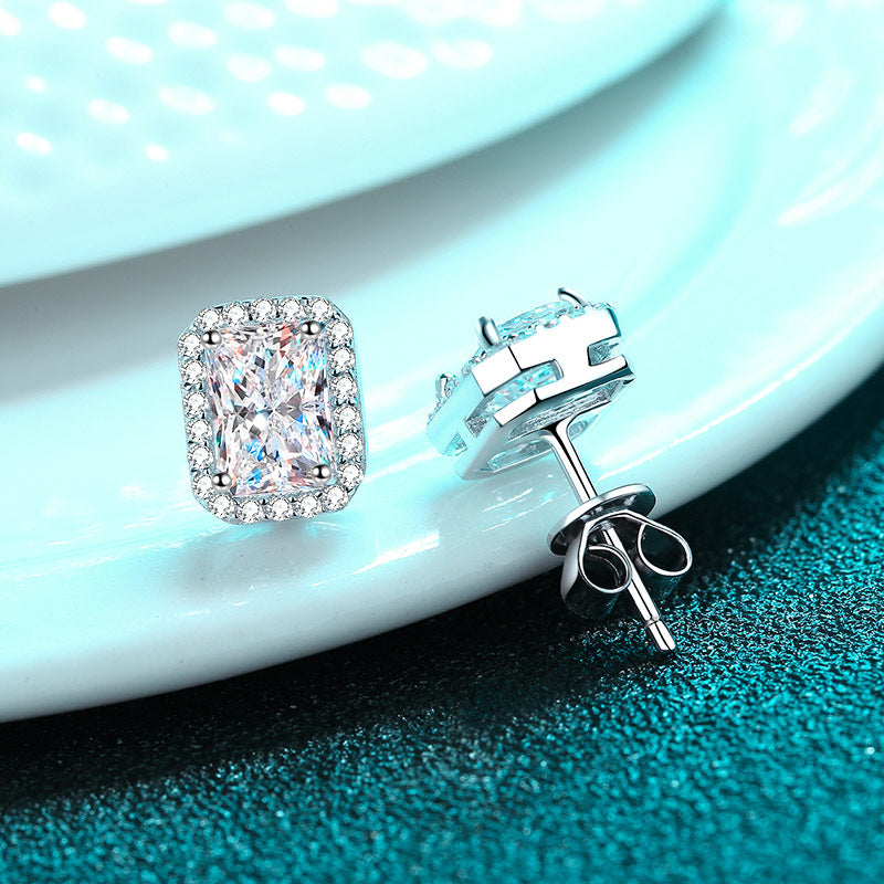 S925 Sterling Silver Radiant & Emerald Cut Moissanite Earrings - Geometric Rectangular Studs with Gourd Motif
