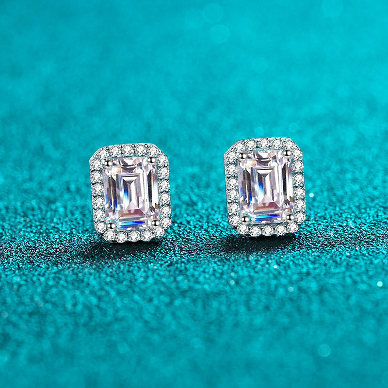 S925 Sterling Silver Radiant & Emerald Cut Moissanite Earrings - Geometric Rectangular Studs with Gourd Motif