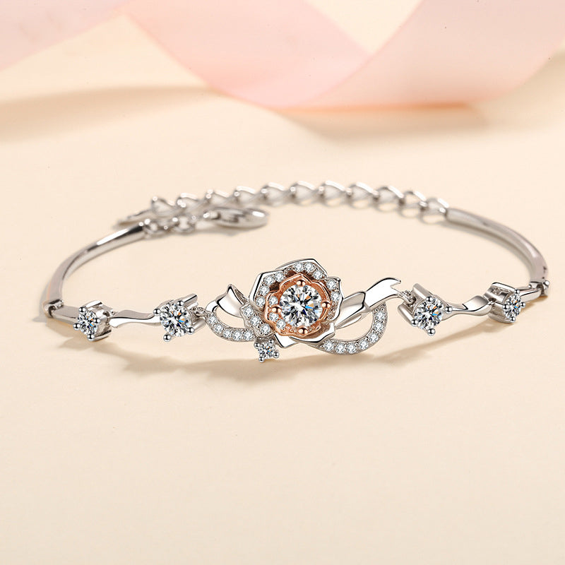 Viral Style 5-Layer Rhodium Plated Sterling Silver Flower Bracelet with 1.4ct Moissanite & Zircon, Travel Souvenir Gift for Women