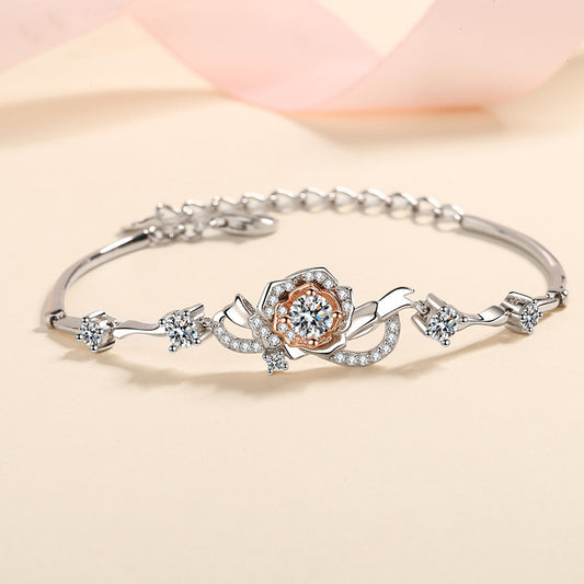 Viral Style 5-Layer Rhodium Plated Sterling Silver Flower Bracelet with 1.4ct Moissanite & Zircon, Travel Souvenir Gift for Women