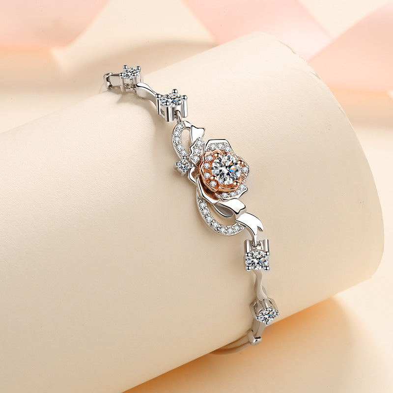 Viral Style 5-Layer Rhodium Plated Sterling Silver Flower Bracelet with 1.4ct Moissanite & Zircon, Travel Souvenir Gift for Women
