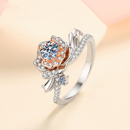 S925 Sterling Silver Rose Motif 0.50ct Moissanite Ring with Two-Tone Rose Gold Plating