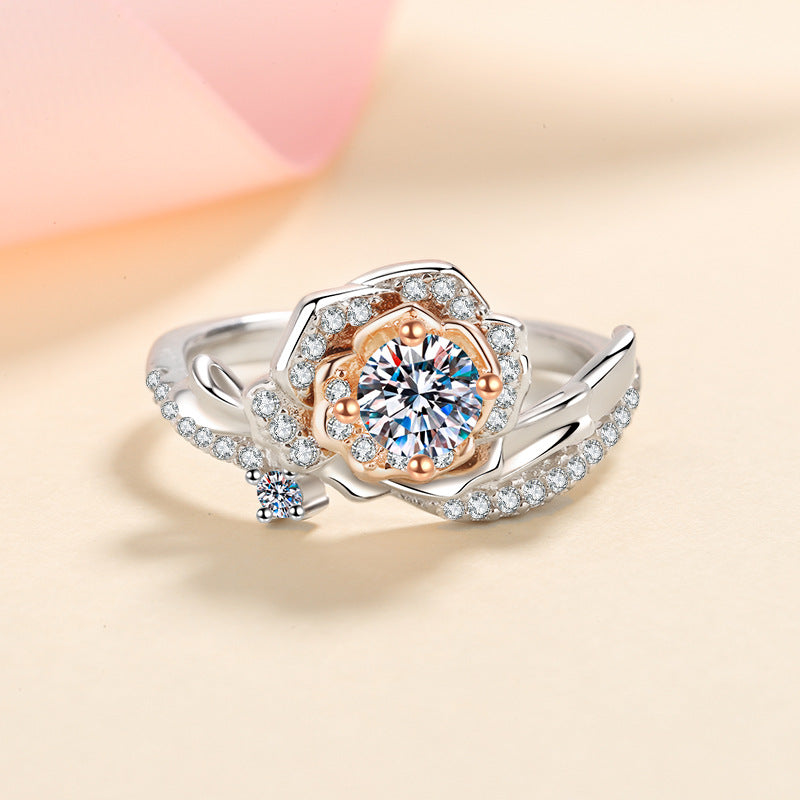 S925 Sterling Silver Rose Motif 0.50ct Moissanite Ring with Two-Tone Rose Gold Plating