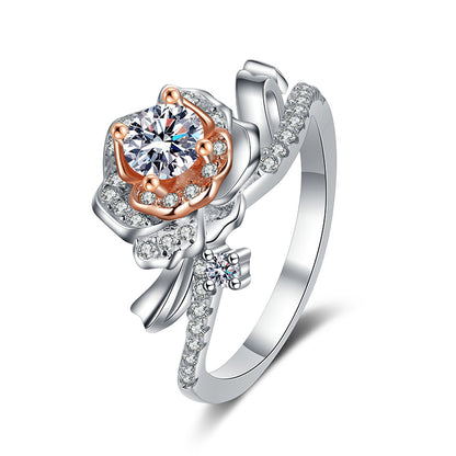 S925 Sterling Silver Rose Motif 0.50ct Moissanite Ring with Two-Tone Rose Gold Plating