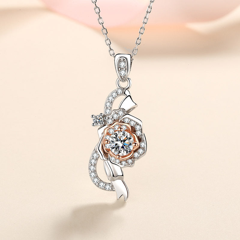 S925 Sterling Silver Rose Pendant Necklace - 0.5CT Moissanite PT950-Plated Two-Tone Chain