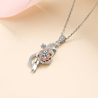 S925 Sterling Silver Rose Pendant Necklace - 0.5CT Moissanite PT950-Plated Two-Tone Chain
