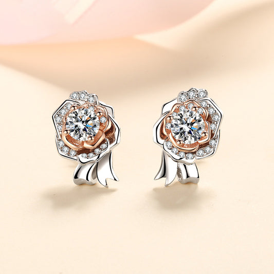 S925 Sterling Silver Rose & Leaf Moissanite Stud Earrings - 1CT with Cultural Motifs