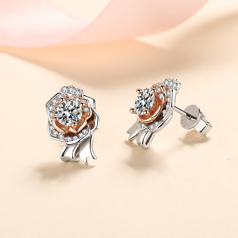 S925 Sterling Silver Rose & Leaf Moissanite Stud Earrings - 1CT with Cultural Motifs