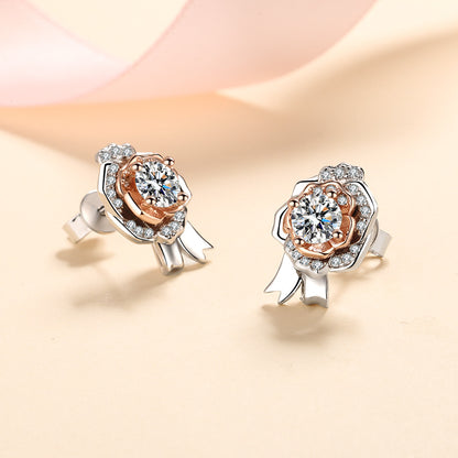 S925 Sterling Silver Rose & Leaf Moissanite Stud Earrings - 1CT with Cultural Motifs