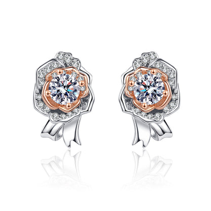 S925 Sterling Silver Rose & Leaf Moissanite Stud Earrings - 1CT with Cultural Motifs