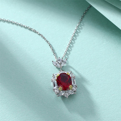S925 Sterling Silver Ruby Zircon Pendant Necklace - Genuine Gemstone Geometric Collarbone Chain