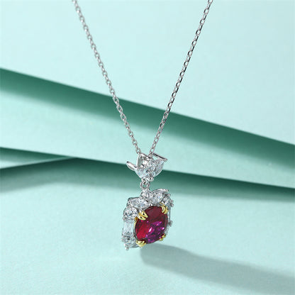 S925 Sterling Silver Ruby Zircon Pendant Necklace - Genuine Gemstone Geometric Collarbone Chain