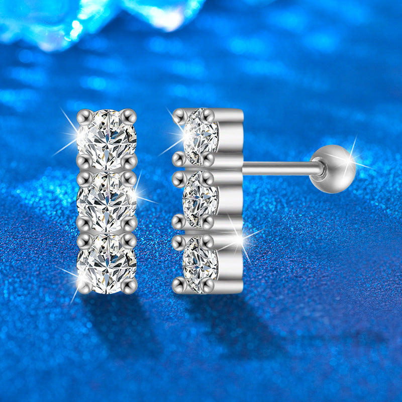 S925 Sterling Silver Screw Back Channel Set Moissanite Bar Earrings - White Gold Plated Luxury Geometric Jewelry for Women