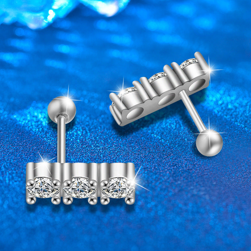 S925 Sterling Silver Screw Back Channel Set Moissanite Bar Earrings - White Gold Plated Luxury Geometric Jewelry for Women