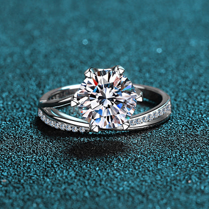 S925 Sterling Silver Six-Prong 3ct Moissanite Crown Engagement Ring with Security Lock Motif