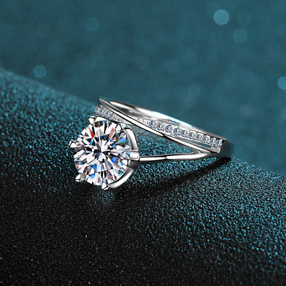 S925 Sterling Silver Six-Prong 3ct Moissanite Crown Engagement Ring with Security Lock Motif