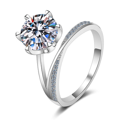 S925 Sterling Silver Six-Prong 3ct Moissanite Crown Engagement Ring with Security Lock Motif
