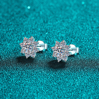 S925 Sterling Silver Snowflake Moissanite Stud Earrings Plated with Pt950 Gold - Chinese-Inspired Floral Earrings