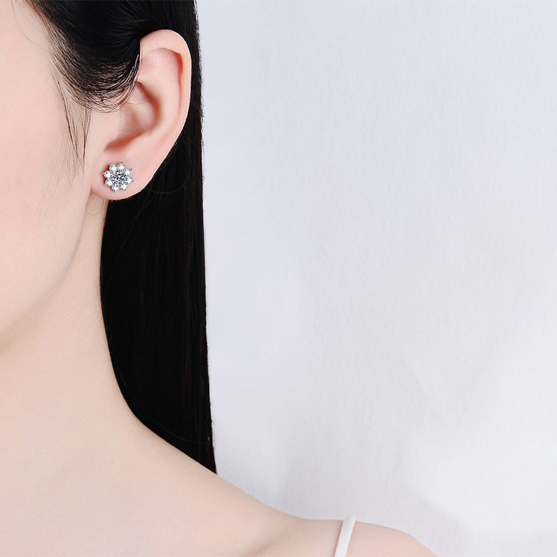 S925 Sterling Silver Snowflake Moissanite Stud Earrings Plated with Pt950 Gold - Chinese-Inspired Floral Earrings