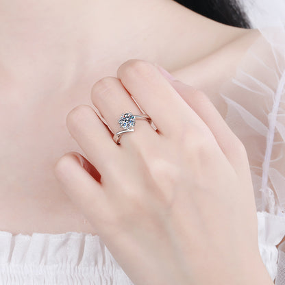 S925 Sterling Silver Snowflake Motif Ring | 0.3-2Ct Moissanite Heart-Shaped Solitaire Ring for Women