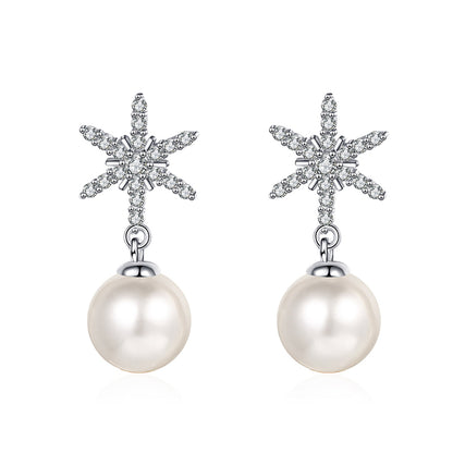S925 Sterling Silver Snowflake Stud Earrings - 0.25ct Moissanite & 8mm Freshwater Pearls