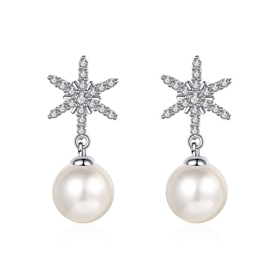S925 Sterling Silver Snowflake Stud Earrings - 0.25ct Moissanite & 8mm Freshwater Pearls