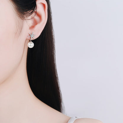 S925 Sterling Silver Snowflake Stud Earrings - 0.25ct Moissanite & 8mm Freshwater Pearls