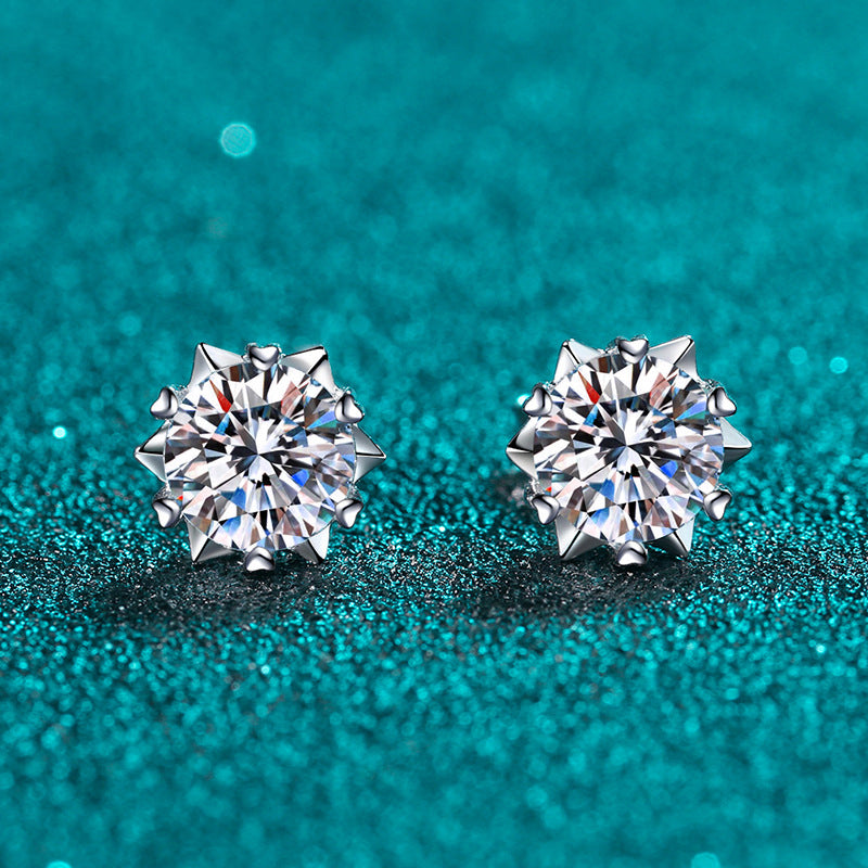 S925 Sterling Silver Snowflake & Heart 6-Prong Moissanite Earrings - Minimalist Chinese-Inspired Studs