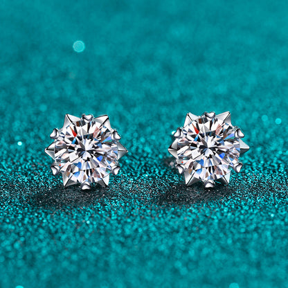 S925 Sterling Silver Snowflake & Heart 6-Prong Moissanite Earrings - Minimalist Chinese-Inspired Studs