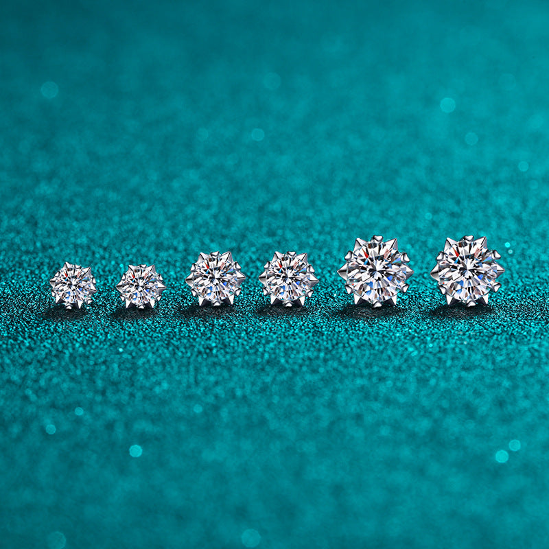S925 Sterling Silver Snowflake & Heart 6-Prong Moissanite Earrings - Minimalist Chinese-Inspired Studs