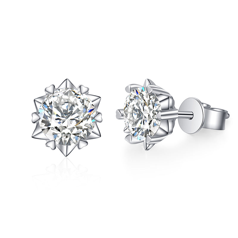 S925 Sterling Silver Snowflake & Heart 6-Prong Moissanite Earrings - Minimalist Chinese-Inspired Studs
