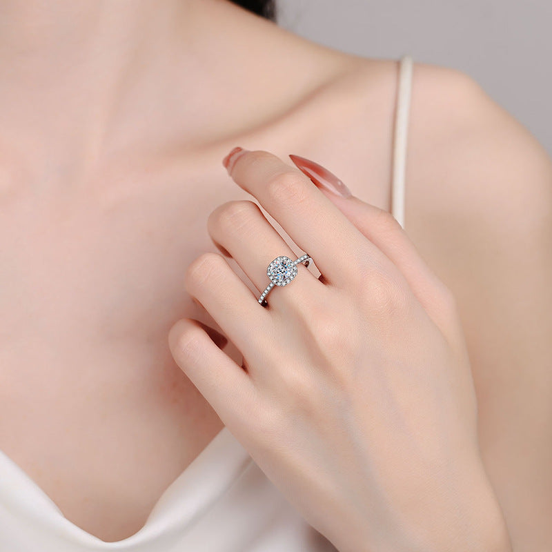 S925 Sterling Silver Square-Cut 1ct Moissanite Geometric Statement Ring with Pavé Zircons