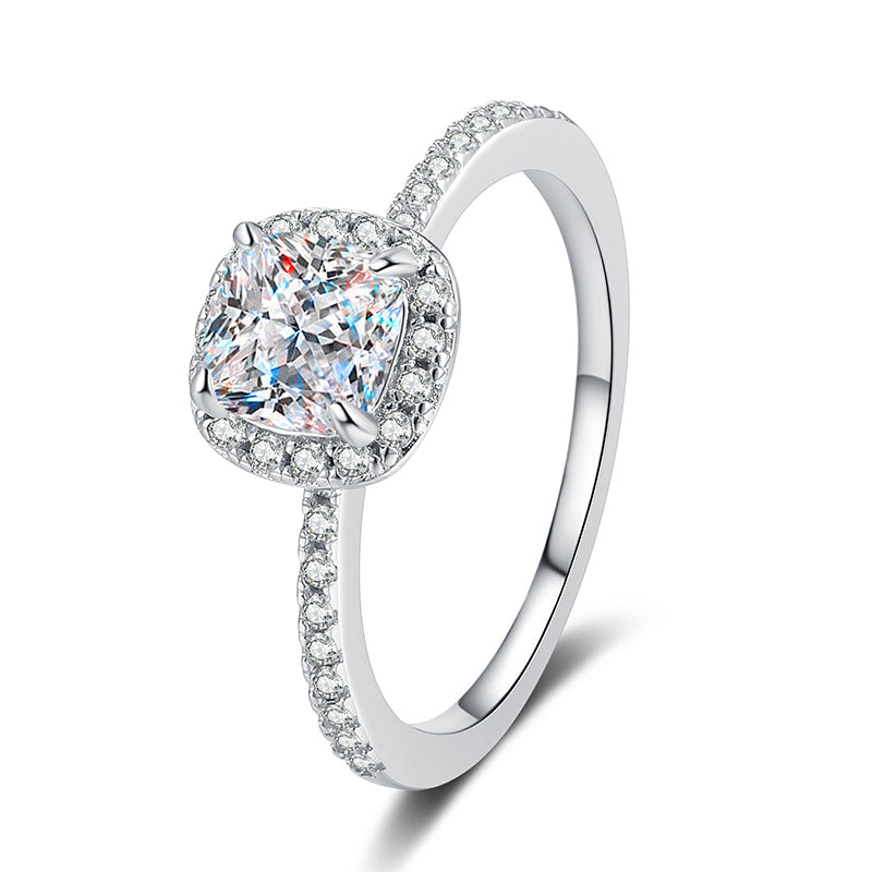 S925 Sterling Silver Square-Cut 1ct Moissanite Geometric Statement Ring with Pavé Zircons