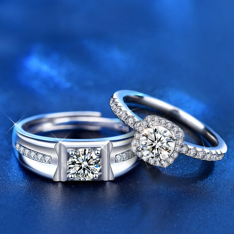 S925 Sterling Silver Square Couple Rings with 1ct Moissanite - White Gold Plated Adjustable Luxury Wedding Bands