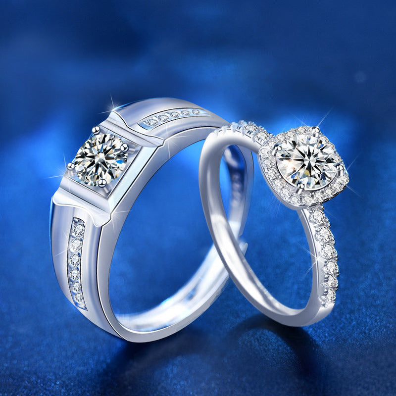 S925 Sterling Silver Square Couple Rings with 1ct Moissanite - White Gold Plated Adjustable Luxury Wedding Bands