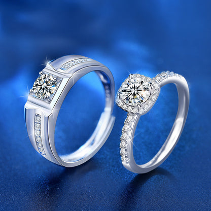 S925 Sterling Silver Square Couple Rings with 1ct Moissanite - White Gold Plated Adjustable Luxury Wedding Bands