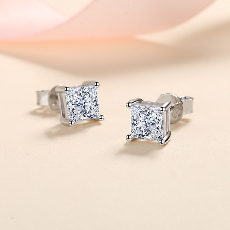 S925 Sterling Silver Square Moissanite Stud Earrings - Elegant Geometric Earrings for Women
